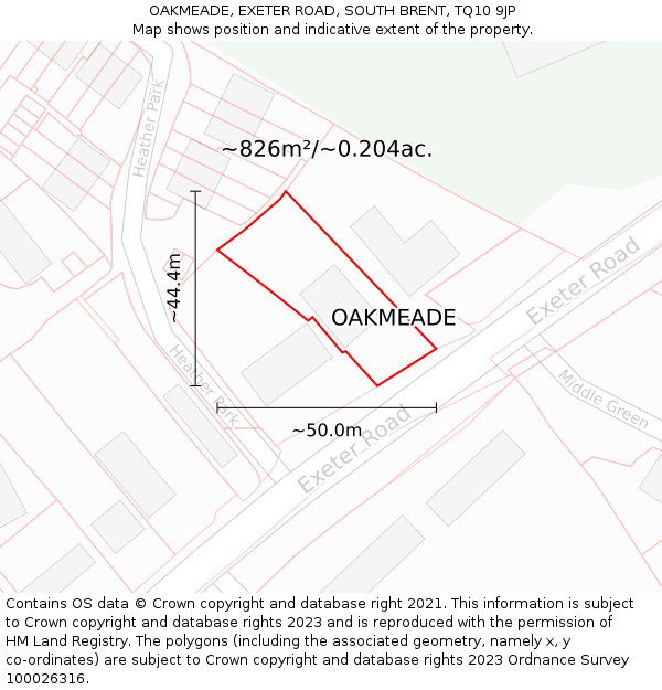 OAKMEADE, EXETER ROAD, SOUTH BRENT, TQ10 9JP: Plot and title map