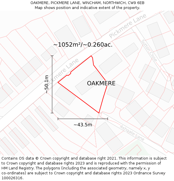 OAKMERE, PICKMERE LANE, WINCHAM, NORTHWICH, CW9 6EB: Plot and title map