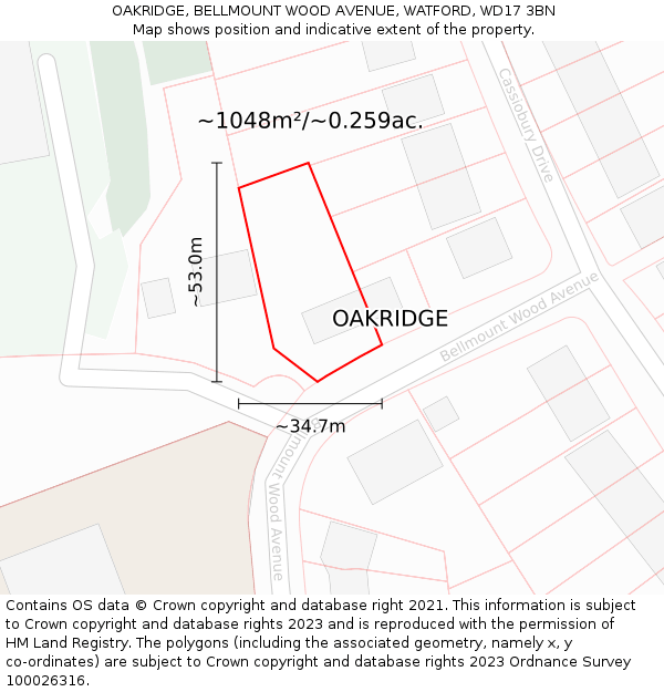 OAKRIDGE, BELLMOUNT WOOD AVENUE, WATFORD, WD17 3BN: Plot and title map