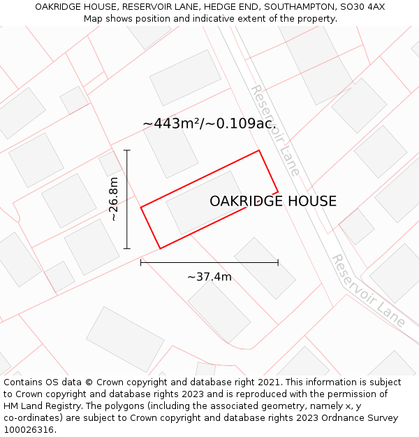 OAKRIDGE HOUSE, RESERVOIR LANE, HEDGE END, SOUTHAMPTON, SO30 4AX: Plot and title map