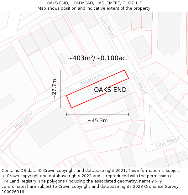 OAKS END, LION MEAD, HASLEMERE, GU27 1LF: Plot and title map