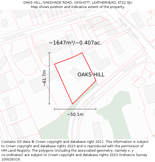 OAKS HILL, OAKSHADE ROAD, OXSHOTT, LEATHERHEAD, KT22 0JU: Plot and title map