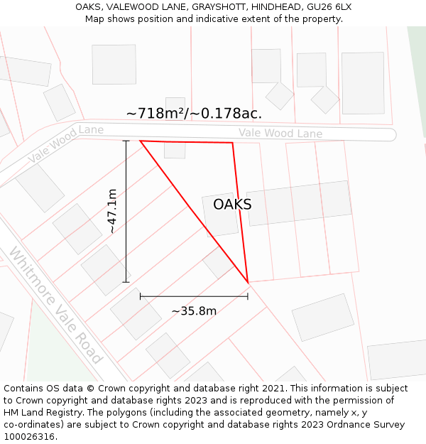 OAKS, VALEWOOD LANE, GRAYSHOTT, HINDHEAD, GU26 6LX: Plot and title map