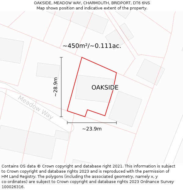 OAKSIDE, MEADOW WAY, CHARMOUTH, BRIDPORT, DT6 6NS: Plot and title map