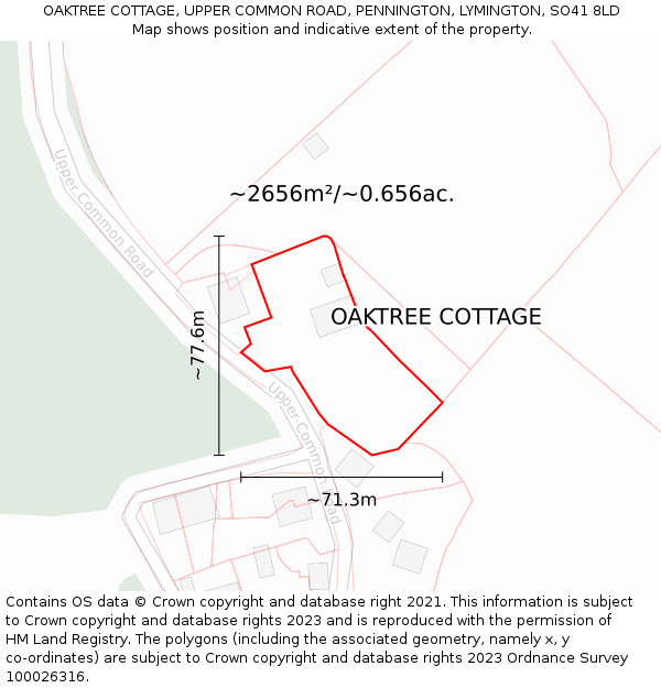 OAKTREE COTTAGE, UPPER COMMON ROAD, PENNINGTON, LYMINGTON, SO41 8LD: Plot and title map
