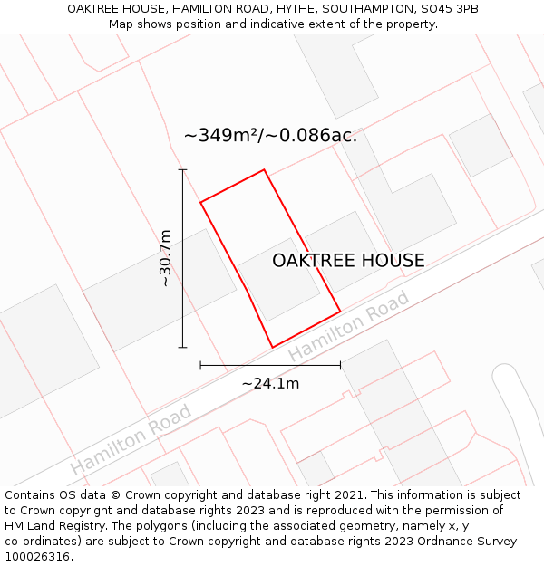 OAKTREE HOUSE, HAMILTON ROAD, HYTHE, SOUTHAMPTON, SO45 3PB: Plot and title map