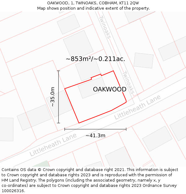 OAKWOOD, 1, TWINOAKS, COBHAM, KT11 2QW: Plot and title map