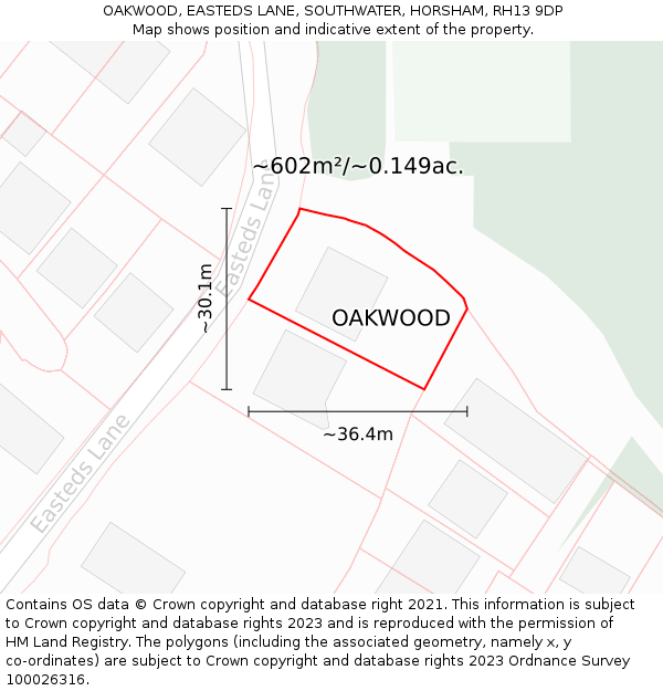 OAKWOOD, EASTEDS LANE, SOUTHWATER, HORSHAM, RH13 9DP: Plot and title map