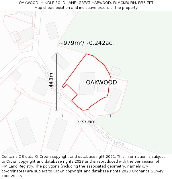 OAKWOOD, HINDLE FOLD LANE, GREAT HARWOOD, BLACKBURN, BB6 7PT: Plot and title map