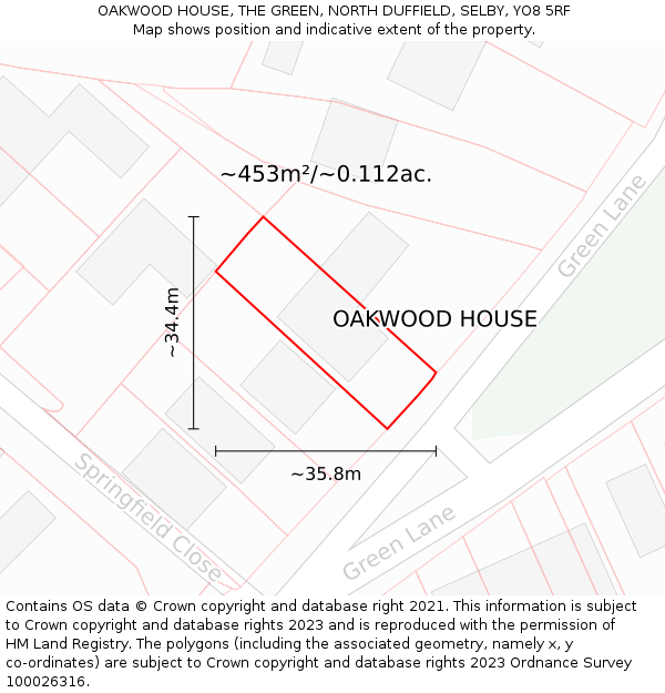 OAKWOOD HOUSE, THE GREEN, NORTH DUFFIELD, SELBY, YO8 5RF: Plot and title map