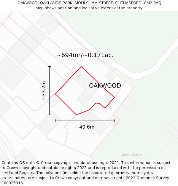OAKWOOD, OAKLANDS PARK, MOULSHAM STREET, CHELMSFORD, CM2 9AQ: Plot and title map