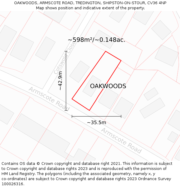 OAKWOODS, ARMSCOTE ROAD, TREDINGTON, SHIPSTON-ON-STOUR, CV36 4NP: Plot and title map
