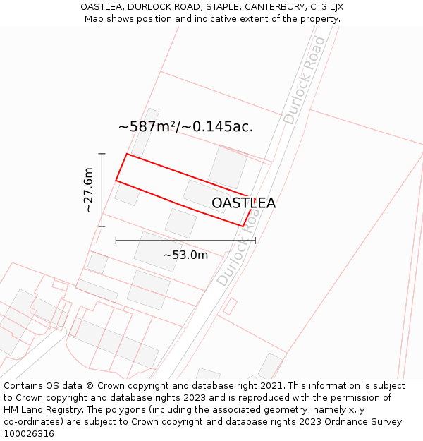 OASTLEA, DURLOCK ROAD, STAPLE, CANTERBURY, CT3 1JX: Plot and title map