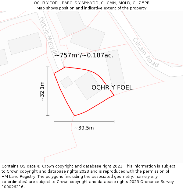 OCHR Y FOEL, PARC IS Y MYNYDD, CILCAIN, MOLD, CH7 5PR: Plot and title map