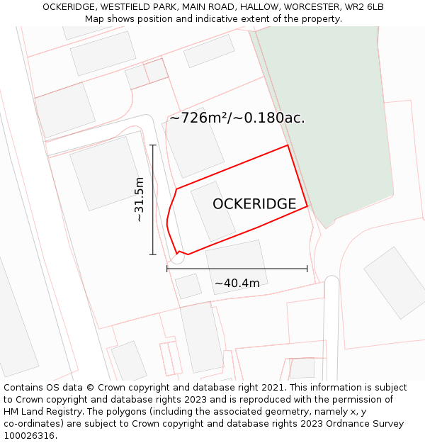 OCKERIDGE, WESTFIELD PARK, MAIN ROAD, HALLOW, WORCESTER, WR2 6LB: Plot and title map