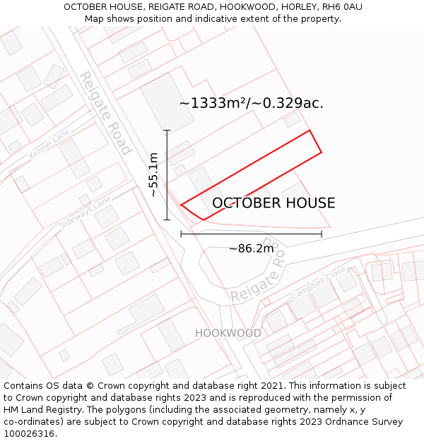 OCTOBER HOUSE, REIGATE ROAD, HOOKWOOD, HORLEY, RH6 0AU: Plot and title map