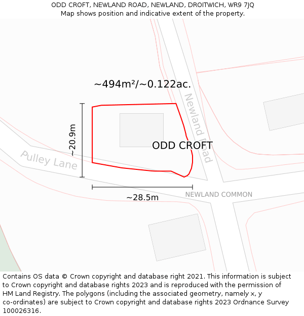ODD CROFT, NEWLAND ROAD, NEWLAND, DROITWICH, WR9 7JQ: Plot and title map