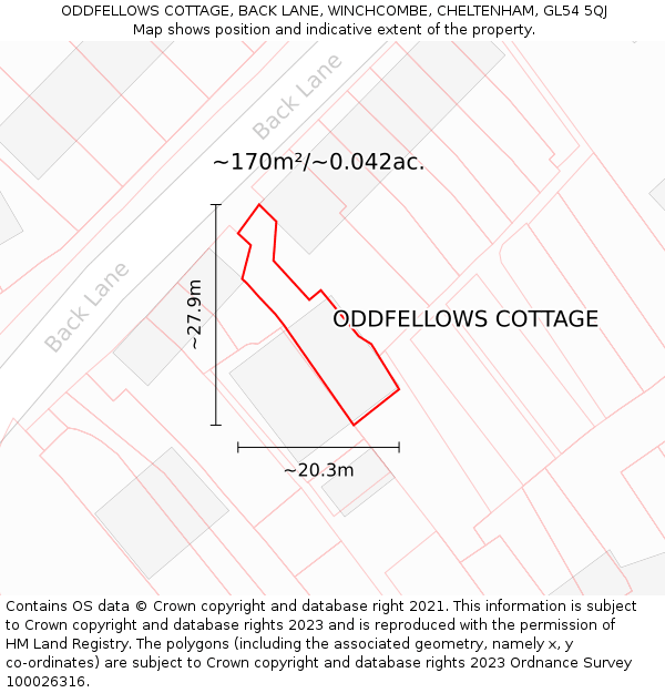 ODDFELLOWS COTTAGE, BACK LANE, WINCHCOMBE, CHELTENHAM, GL54 5QJ: Plot and title map