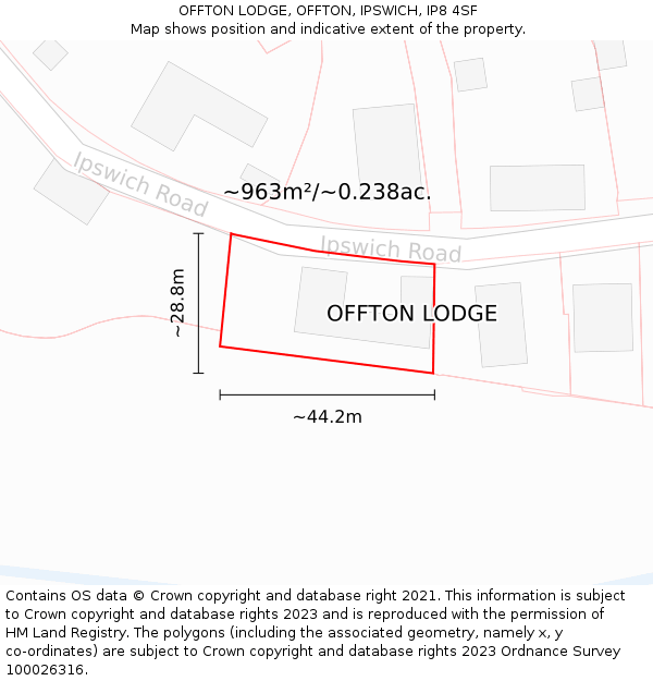 OFFTON LODGE, OFFTON, IPSWICH, IP8 4SF: Plot and title map