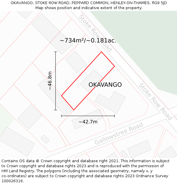 OKAVANGO, STOKE ROW ROAD, PEPPARD COMMON, HENLEY-ON-THAMES, RG9 5JD: Plot and title map