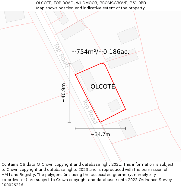 OLCOTE, TOP ROAD, WILDMOOR, BROMSGROVE, B61 0RB: Plot and title map