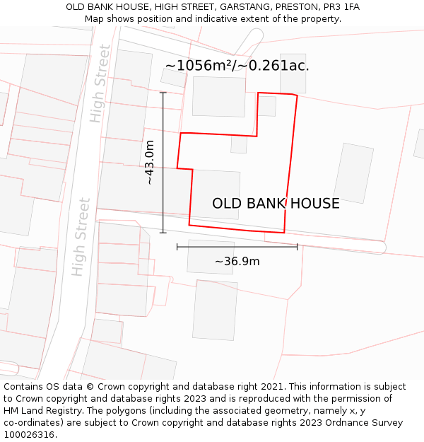 OLD BANK HOUSE, HIGH STREET, GARSTANG, PRESTON, PR3 1FA: Plot and title map