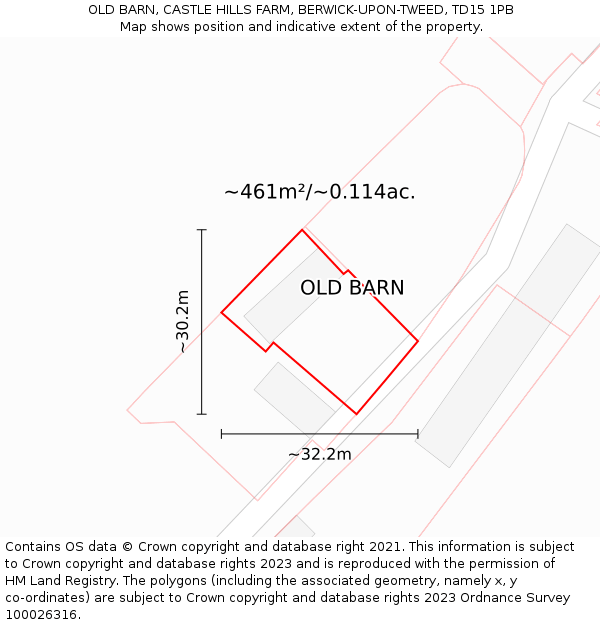 OLD BARN, CASTLE HILLS FARM, BERWICK-UPON-TWEED, TD15 1PB: Plot and title map