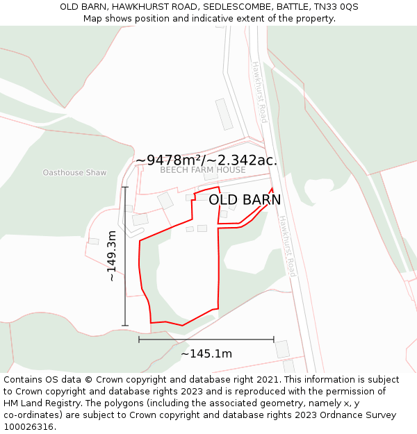OLD BARN, HAWKHURST ROAD, SEDLESCOMBE, BATTLE, TN33 0QS: Plot and title map