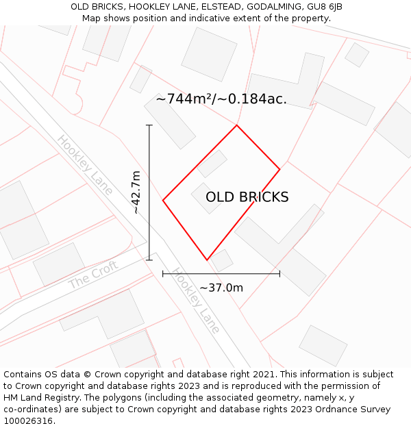 OLD BRICKS, HOOKLEY LANE, ELSTEAD, GODALMING, GU8 6JB: Plot and title map