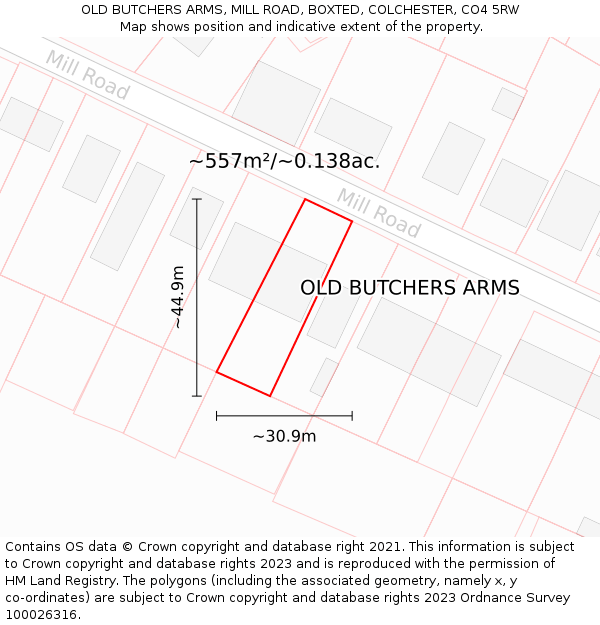 OLD BUTCHERS ARMS, MILL ROAD, BOXTED, COLCHESTER, CO4 5RW: Plot and title map