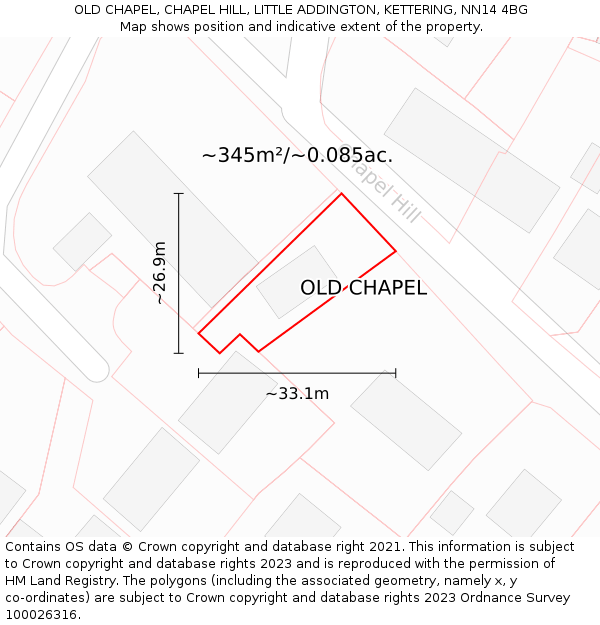 OLD CHAPEL, CHAPEL HILL, LITTLE ADDINGTON, KETTERING, NN14 4BG: Plot and title map