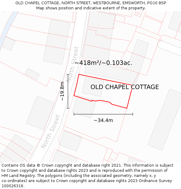 OLD CHAPEL COTTAGE, NORTH STREET, WESTBOURNE, EMSWORTH, PO10 8SP: Plot and title map