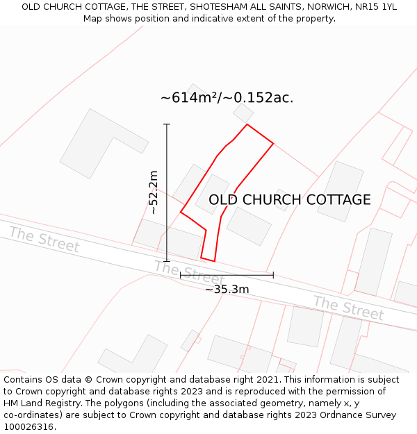 OLD CHURCH COTTAGE, THE STREET, SHOTESHAM ALL SAINTS, NORWICH, NR15 1YL: Plot and title map