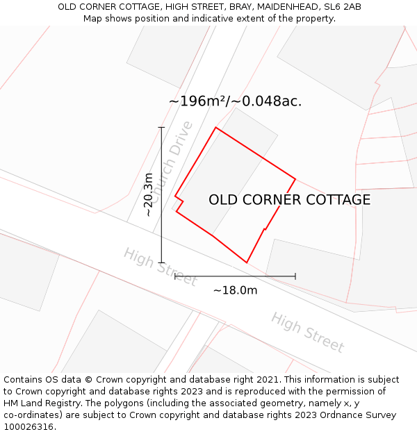 OLD CORNER COTTAGE, HIGH STREET, BRAY, MAIDENHEAD, SL6 2AB: Plot and title map