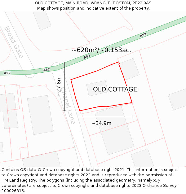 OLD COTTAGE, MAIN ROAD, WRANGLE, BOSTON, PE22 9AS: Plot and title map