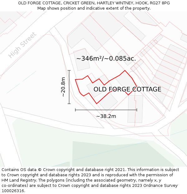 OLD FORGE COTTAGE, CRICKET GREEN, HARTLEY WINTNEY, HOOK, RG27 8PG: Plot and title map