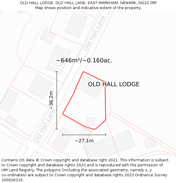 OLD HALL LODGE, OLD HALL LANE, EAST MARKHAM, NEWARK, NG22 0RF: Plot and title map