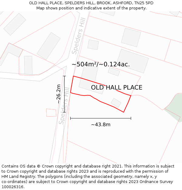 OLD HALL PLACE, SPELDERS HILL, BROOK, ASHFORD, TN25 5PD: Plot and title map