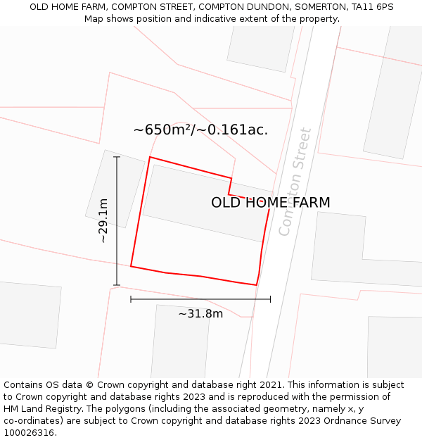 OLD HOME FARM, COMPTON STREET, COMPTON DUNDON, SOMERTON, TA11 6PS: Plot and title map