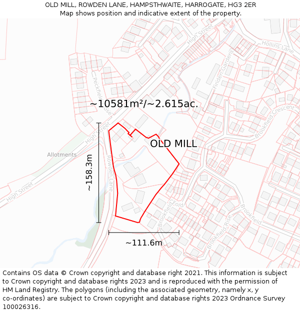 OLD MILL, ROWDEN LANE, HAMPSTHWAITE, HARROGATE, HG3 2ER: Plot and title map
