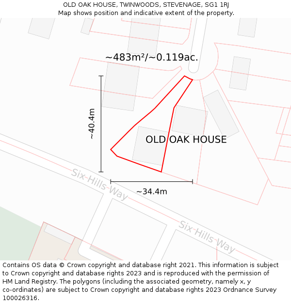 OLD OAK HOUSE, TWINWOODS, STEVENAGE, SG1 1RJ: Plot and title map