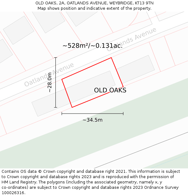 OLD OAKS, 2A, OATLANDS AVENUE, WEYBRIDGE, KT13 9TN: Plot and title map