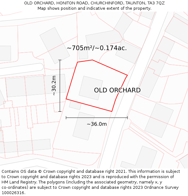 OLD ORCHARD, HONITON ROAD, CHURCHINFORD, TAUNTON, TA3 7QZ: Plot and title map