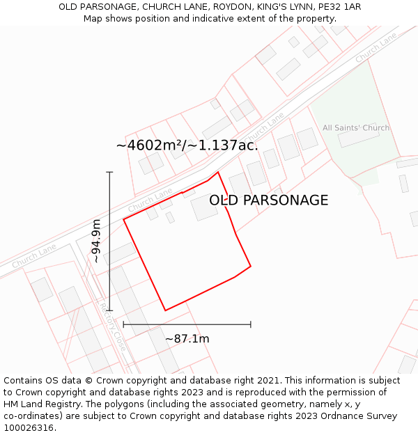 OLD PARSONAGE, CHURCH LANE, ROYDON, KING'S LYNN, PE32 1AR: Plot and title map