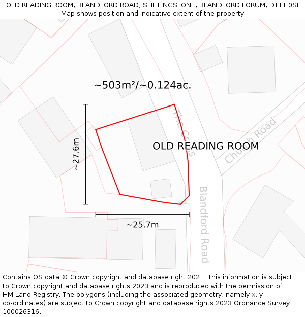 OLD READING ROOM, BLANDFORD ROAD, SHILLINGSTONE, BLANDFORD FORUM, DT11 0SF: Plot and title map