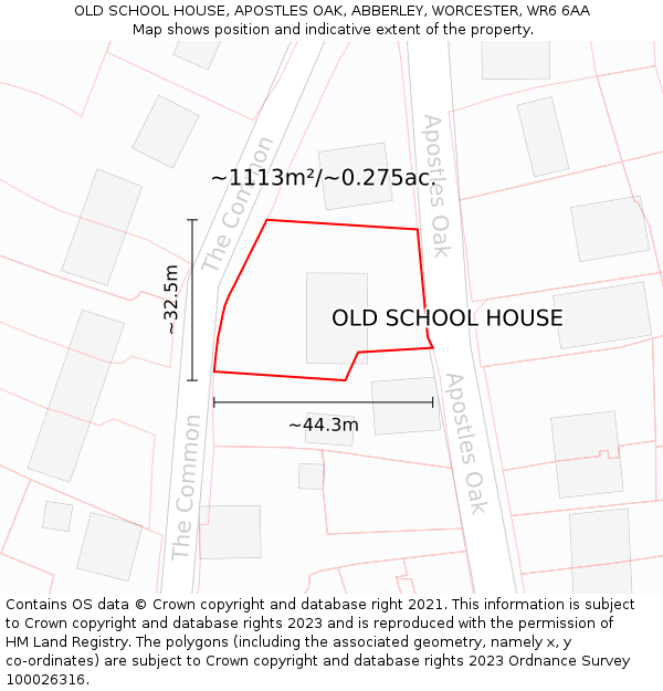 OLD SCHOOL HOUSE, APOSTLES OAK, ABBERLEY, WORCESTER, WR6 6AA: Plot and title map