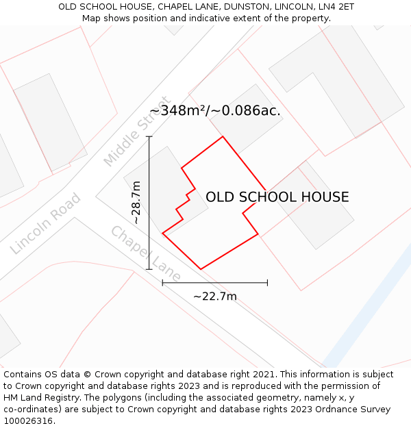 OLD SCHOOL HOUSE, CHAPEL LANE, DUNSTON, LINCOLN, LN4 2ET: Plot and title map