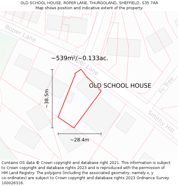 OLD SCHOOL HOUSE, ROPER LANE, THURGOLAND, SHEFFIELD, S35 7AA: Plot and title map