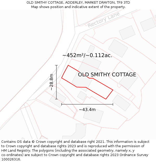 OLD SMITHY COTTAGE, ADDERLEY, MARKET DRAYTON, TF9 3TD: Plot and title map