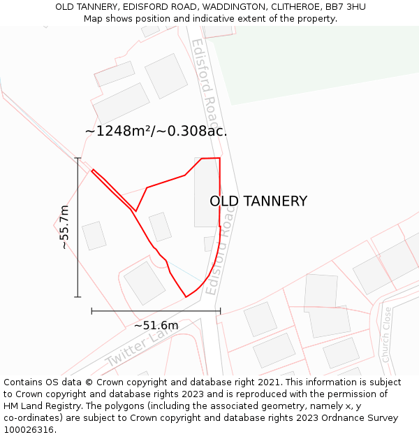 OLD TANNERY, EDISFORD ROAD, WADDINGTON, CLITHEROE, BB7 3HU: Plot and title map
